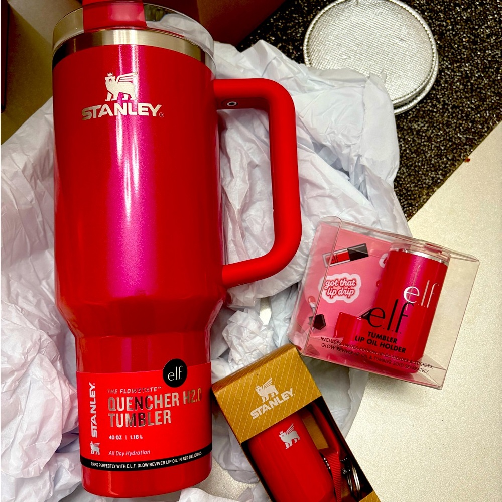 ELF Stanley Cup 40 Oz Full Set Keychain Red Delicious Pink Lip Oil Collab